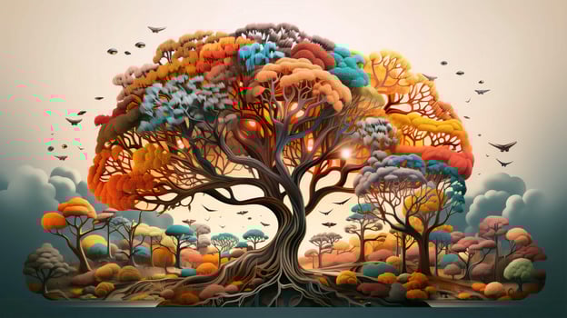Abstract colorful tree with leaves in the shape of a human brain. Creativity concept. AI generated photo