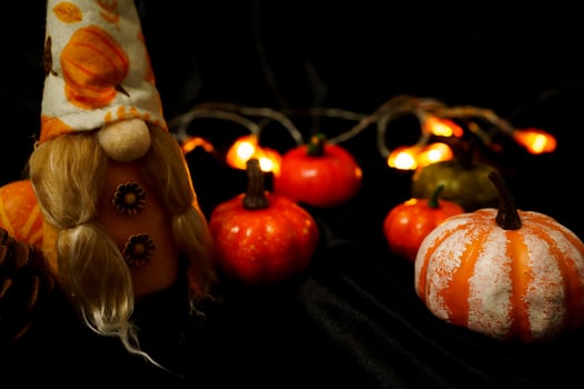 Halloween decorations background. Halloween Scary pumpkin head on wooden table Halloween holiday concept photo