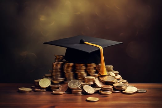 Graduated cap with coins on dark background. Saving for education, grant concept. AI generative photo