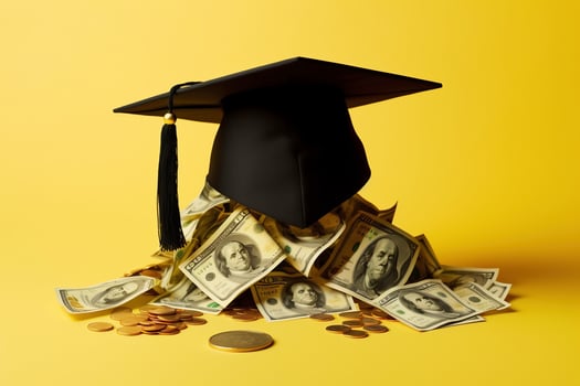 Graduated cap with cash money and coins. Pay for education, grant concept. AI generative photo