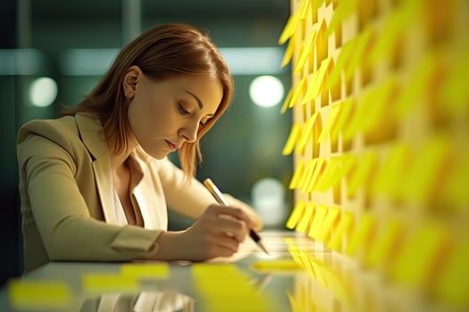 Businesswoman writing on adhesive note in office , Generative AI. photo