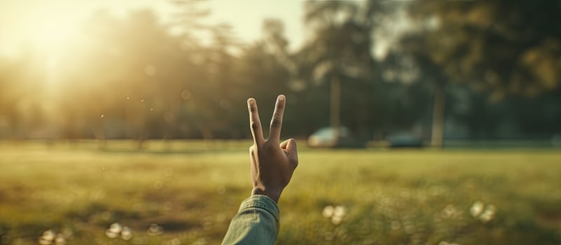 Biracial man s hand showing peace sign on grass background emphasizing peace and anti war movement photo