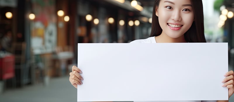 Happy Asian woman with white shirt standing behind large empty poster for text photo