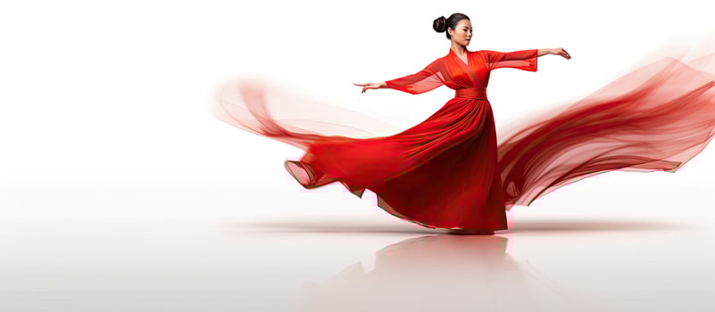Asian woman performing choreography on white background photo