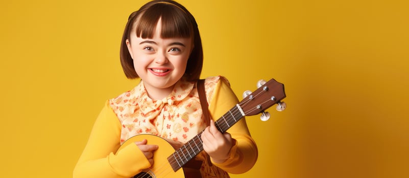 Disabled girl with Down syndrome playing ukulele standing alone on yellow photo