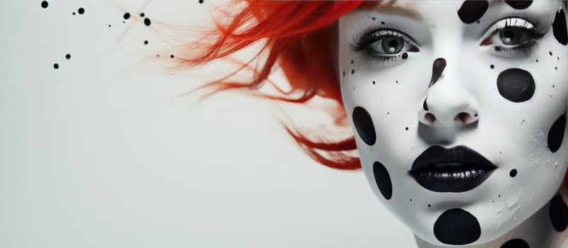 Abstract portrait of a sensual young woman with striking black and white dot body art creative face painting photo