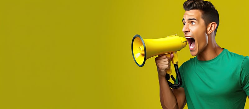 Young Hispanic man with green T shirt using megaphone on yellow background photo