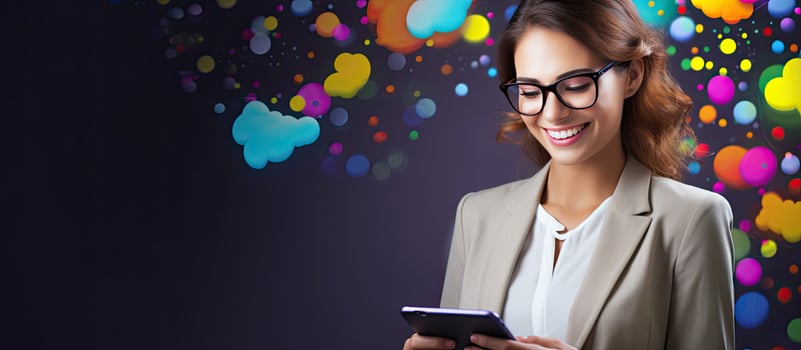 Happy businesswoman holding a tablet with mock text bubbles Concept of online communication and consulting photo