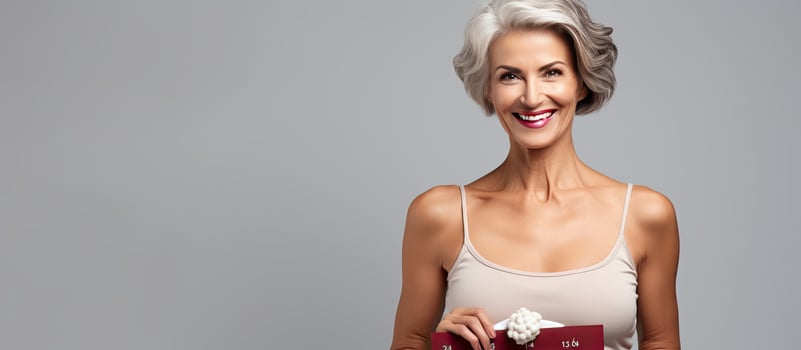 Middle aged woman happily displaying period cycle on calendar posing on gray backdrop photo