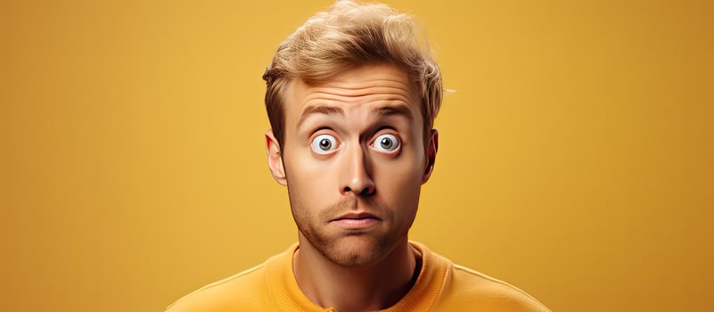 Baffled adult man blond looking upward with uncertainty unsure about something photo