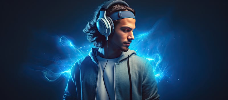 A young male listening to music dancing with a skateboard in a hipster style portrait against a dark blue background with neon lights and mixed lighting a photo