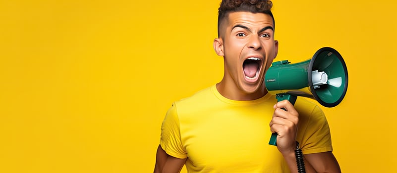 Latin man wearing printed shirt expressing sincere emotions screaming in a megaphone lifestyle concept yellow background Mock up copy space Funny and youn photo