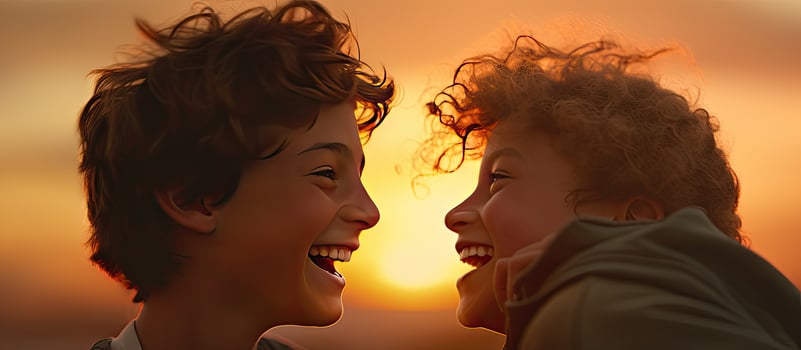 Two happy Caucasian teenagers playing during sunset in a close up shot with room for text photo