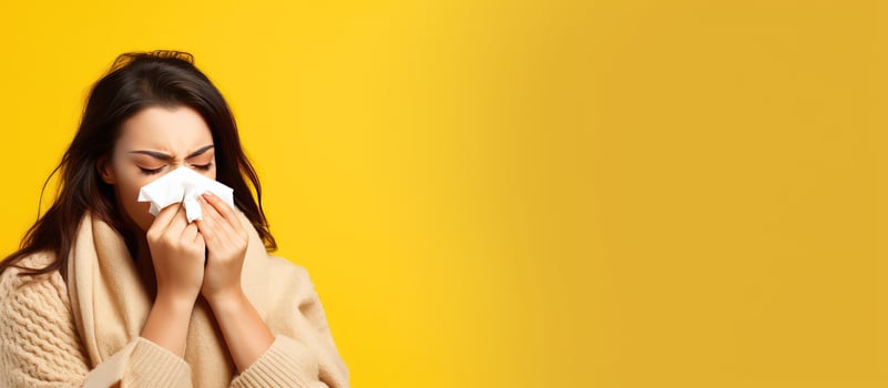 Ill woman with flu isolated on yellow background sneezing and blowing nose photo