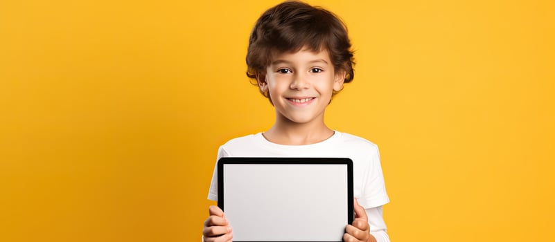 A school aged boy in a casual t shirt holds a blank digital tablet showing a kids app photo