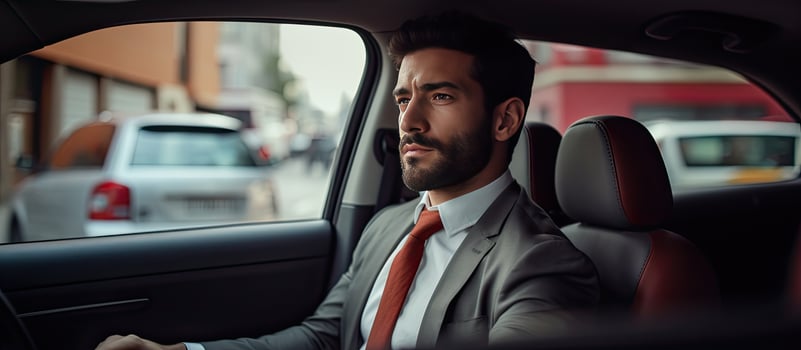 Serious handsome hispanic business man driving a car copy space Sad latin driver stuck in traffic photo