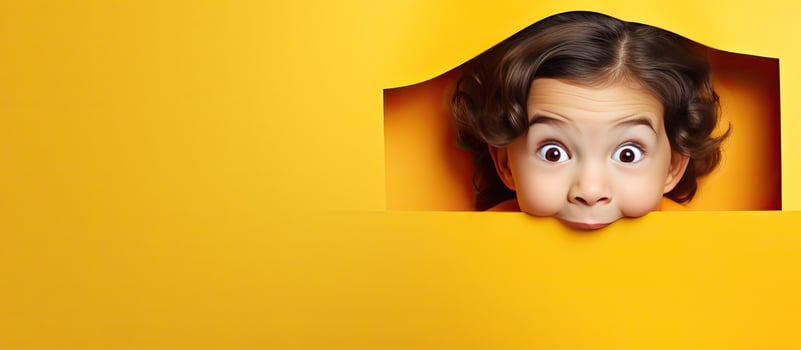 Child with yellow paper surprised space for ad photo