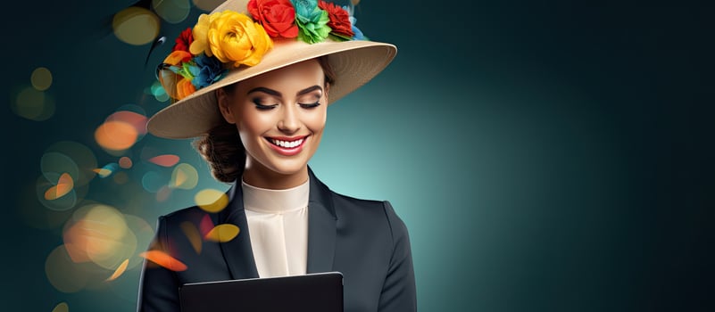 Happy businesswoman holding a tablet with mock text bubbles Concept of online communication and consulting photo
