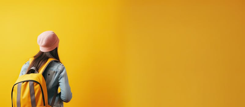 Happy woman in blue t shirt with yellow luggage passport on yellow background Empty area Traveling for fun photo