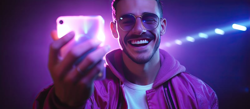 Man using smartphone for video call and taking selfies hipster lifestyle blogger portrait with purple background neon lights fashion trends room for text photo