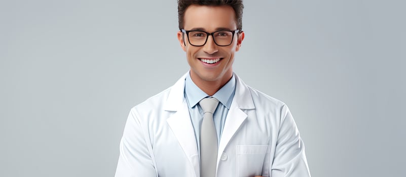 Male doctor with a stethoscope smiling at the camera wearing a white coat and glasses posing on a gray isolated background photo