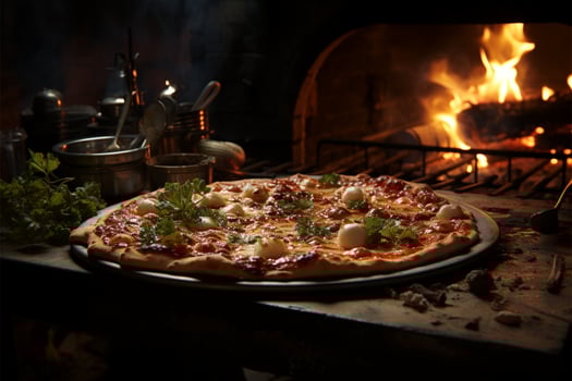 Fireside pizzeria setting, stone stove, blazing fire, and mouthwatering pizza, evoking tradition AI Generated photo