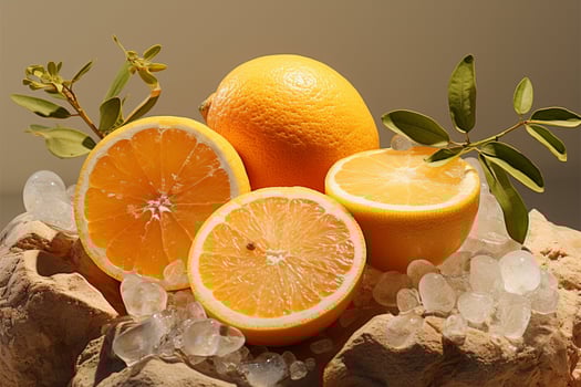 Sunlit beauty exhibit, skincare presentation with porous stones, oranges, on white backdrop AI Generated photo