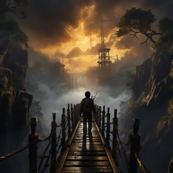 An adventurer crossing a suspension bridge over a roaring waterfall generative ai photo
