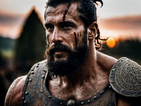 photo of ancient barbarian male warrior stained , generative AI