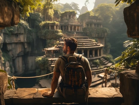 A traveler sitting on the steps of an ancient temple, gazing at the historical architecture generative ai photo