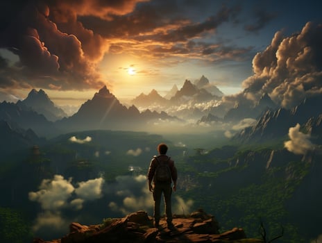 A traveler standing on a cliff edge, overlooking a vast, misty landscape generative ai photo