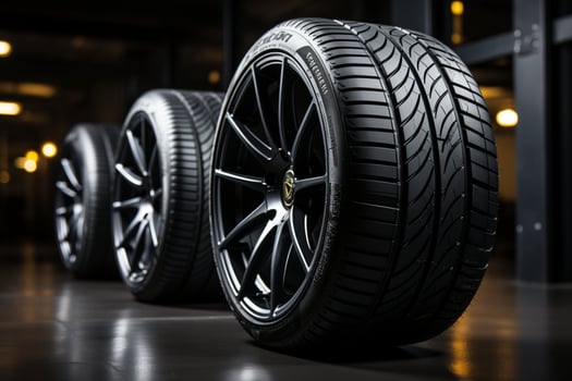 High efficiency summer tire set showcased in studio, dramatic lighting, shallow focus AI Generated photo
