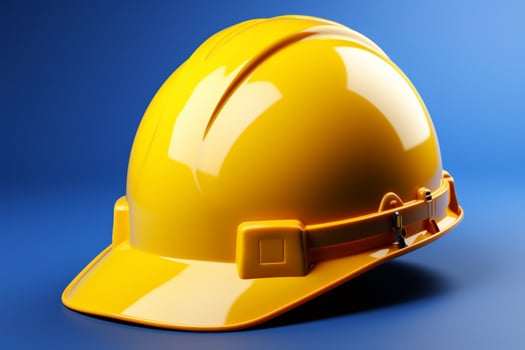 Vivid yellow hard hat isolated on blue, presented in realistic 3D rendering AI Generated photo