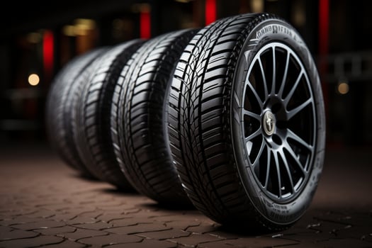 High efficiency summer tire set showcased in studio, dramatic lighting, shallow focus AI Generated photo