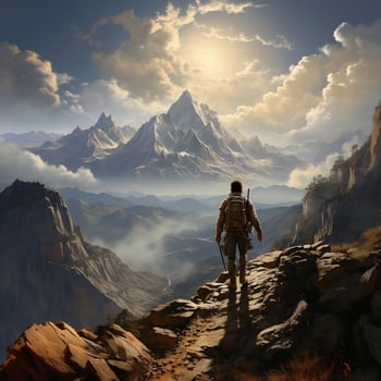 An adventurer climbing a rocky mountain peak, with a breathtaking view of valleys below generative ai photo