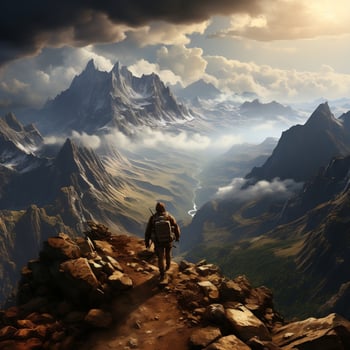 An adventurer climbing a rocky mountain peak, with a breathtaking view of valleys below generative ai photo