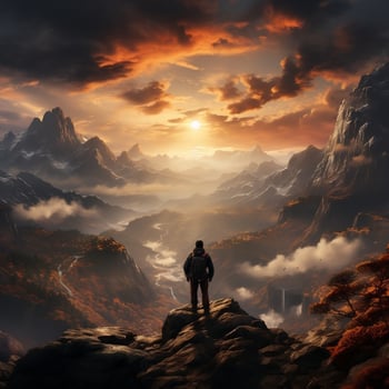 A hiker standing on a mountain peak, with a breathtaking sunset sky as the backdrop generative ai photo