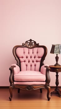 Pink elegant textile armchair with a table and a table lamp. AI Generated photo