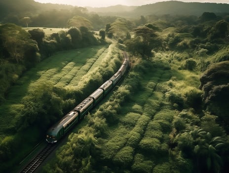 An aerial view of a train passing through a lush countryside generative ai photo