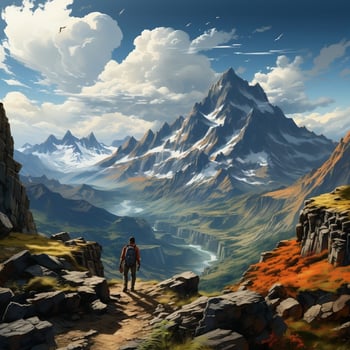 A scenic mountain landscape with a hiker standing on a rocky peak generative ai photo