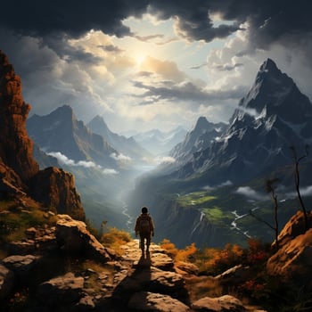 A scenic mountain landscape with a hiker standing on a rocky peak generative ai photo