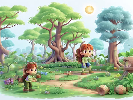 Jungle kids tales, fairytale gardening. forest garden for kid, coloring landscape. ai generated photo