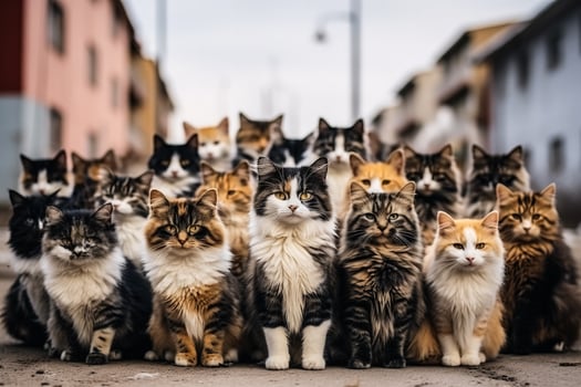 Group of mixed homeless cats waiting for feeding photo