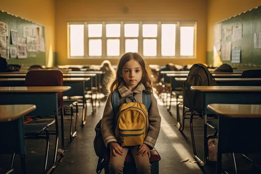 Little girl with backpack in classroom ,Generative AI photo