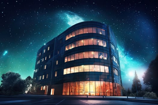Office building on a background of the night sky , Generative AI. photo