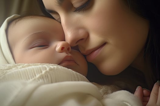 Close up face Woman with newborn baby , colour white ,Generative AI . photo