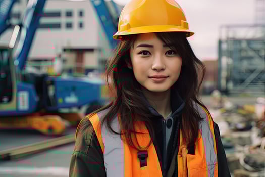 Young japan woman construction engineer working at the building site place background Generative AI . photo