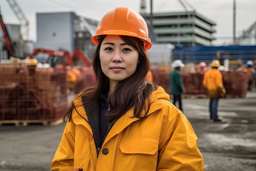 Young japan woman construction engineer working at the building site place background Generative AI . photo