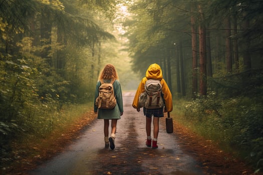 Friends on a forest road with backpacks,Generative AI . photo