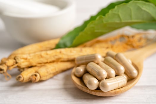 Ginseng, dried vegetable herb. Healthy food famous export food in Korea country. photo